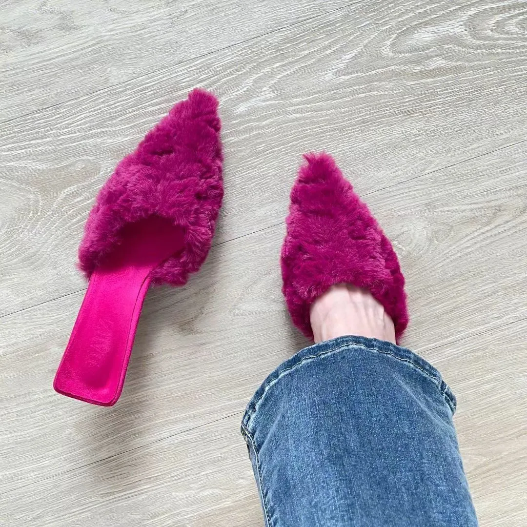 

New Slippers Casual Shoes Woman Pink Slides Shallow Butterfly-Knot Med Cover Toe Fur Flip Flops Pantofle Luxury Plush Pumps