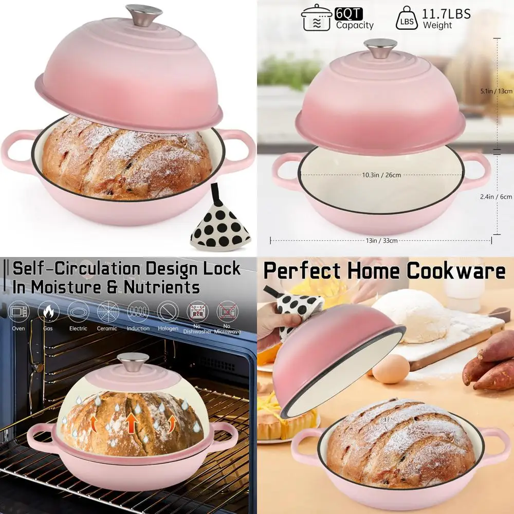 

10-Inch Enamel Cast Iron Dutch Oven with Lid and Cotton Potholder for Bread Baking, 6 Quarts Capacity, Perfect for Homemade Brea