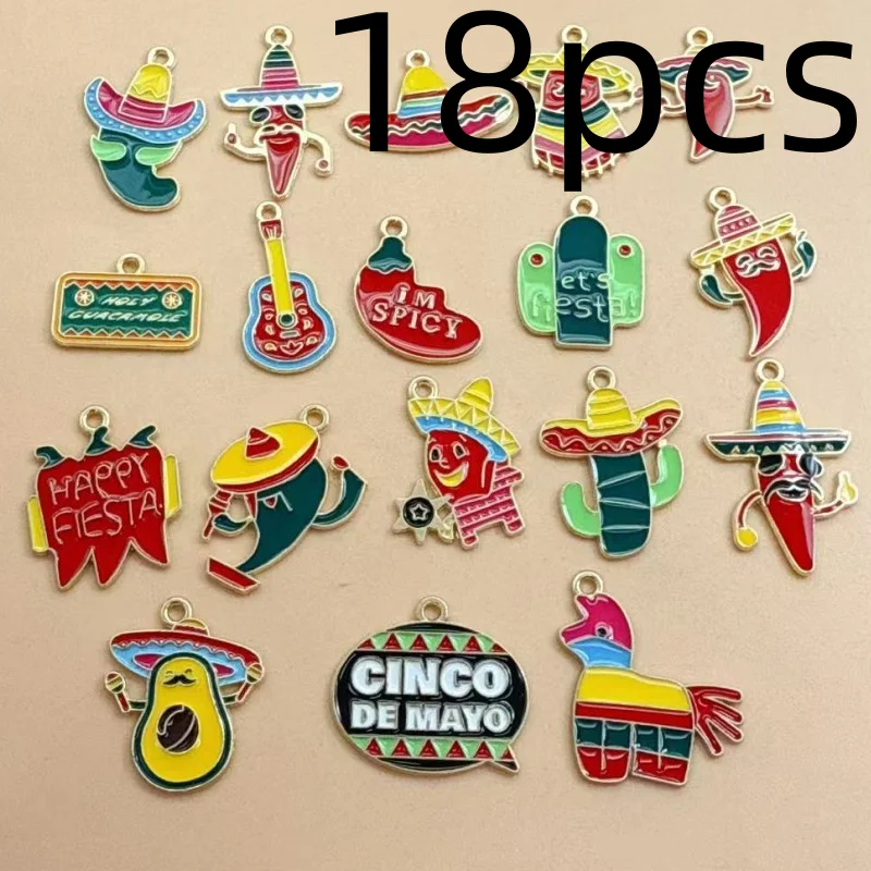 10pcs/18pcs Mexican Festival Pepper Charms Red Chili Pepper Guitar Cactus Hat Pepper Pendants for DIY Jewelry Making Craft