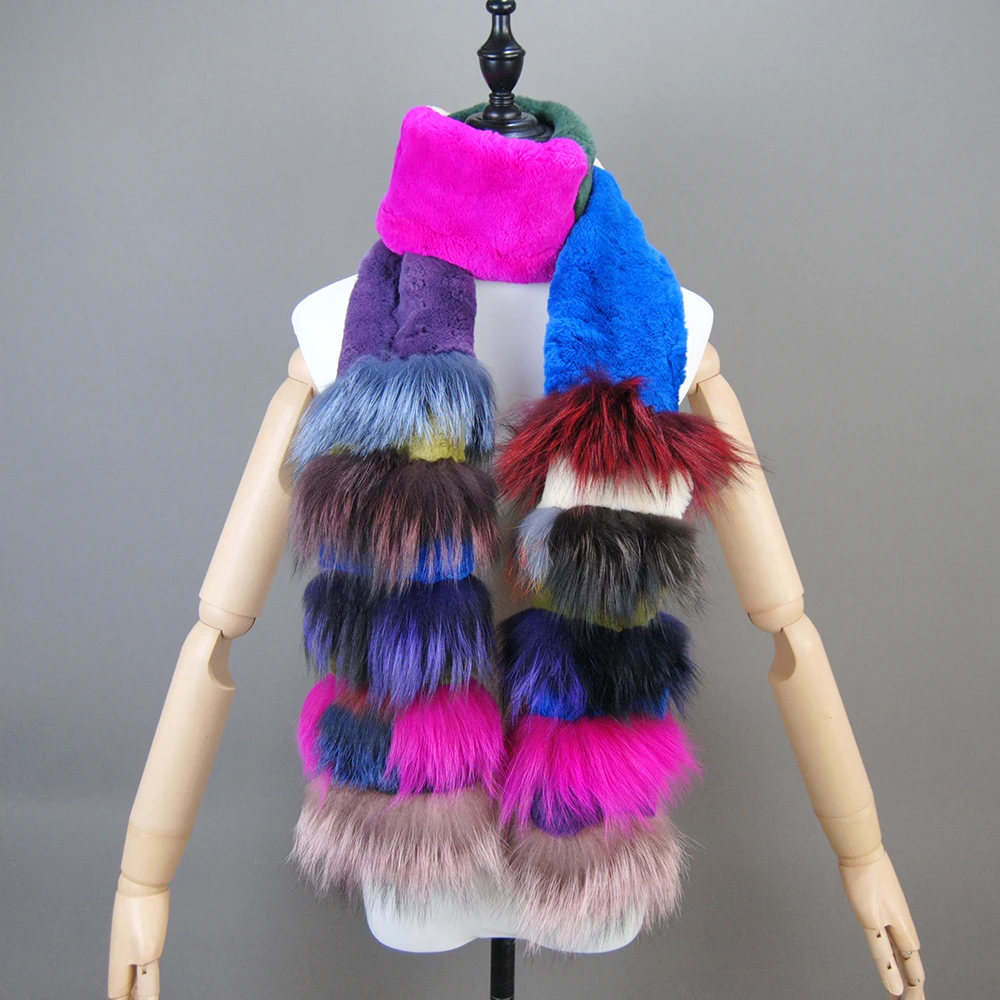 New Natural Soft Knitted Rex Rabbit Fur Scarf Women Winter Long Style Real Fur Muffler Lady Warm 100% Genuine Fox Fur Scarves