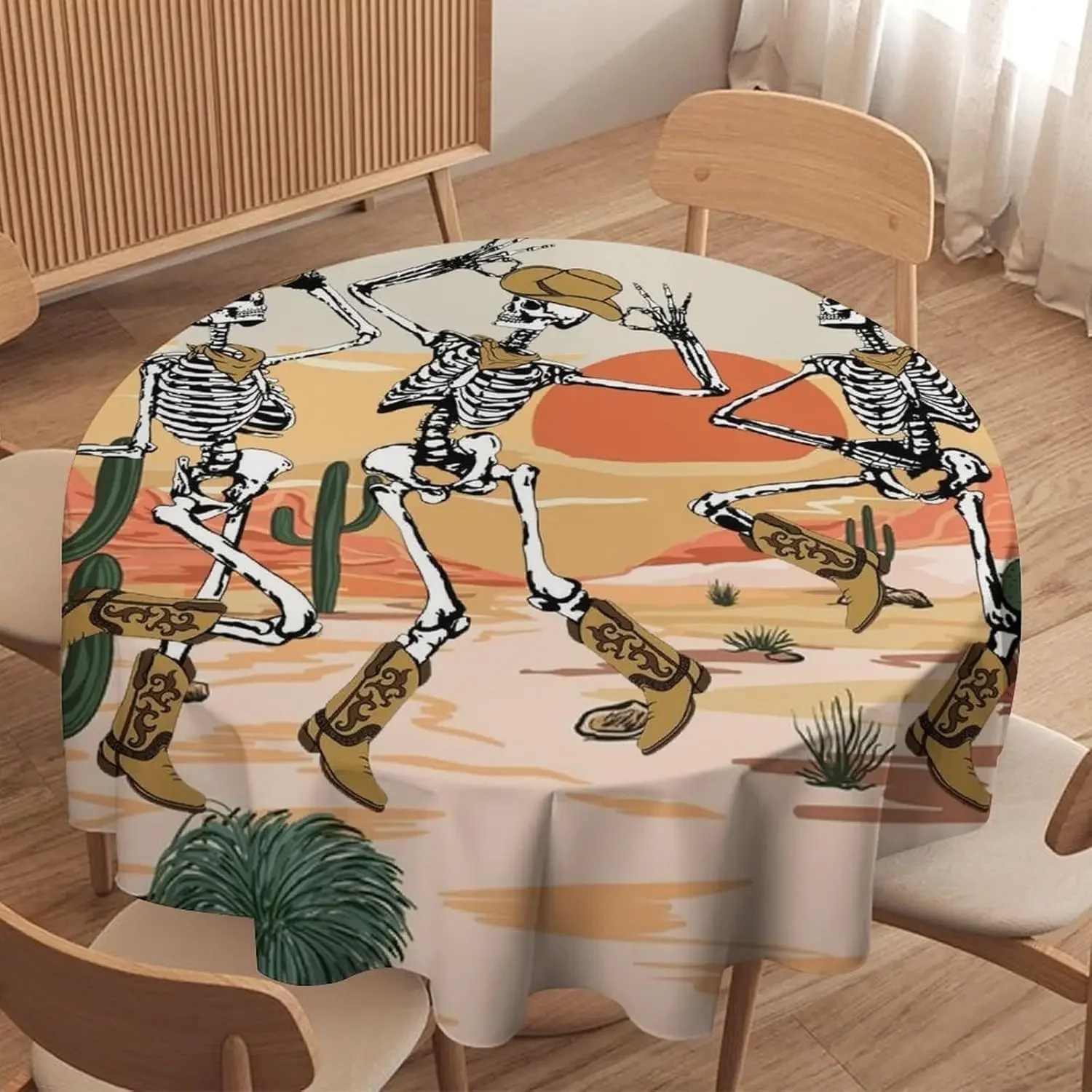 Funny Halloween Skeleton Western Cowboy Skull Circle Tablecloth - Retro West Desert Gothic Rustic Mountain Cactus Cover