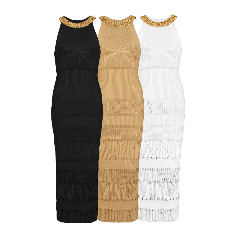 

Women's Elegant Embroidery Flares Halter Sleeveles Knit Dress Ruched Bodycon Mid Length knit Dress