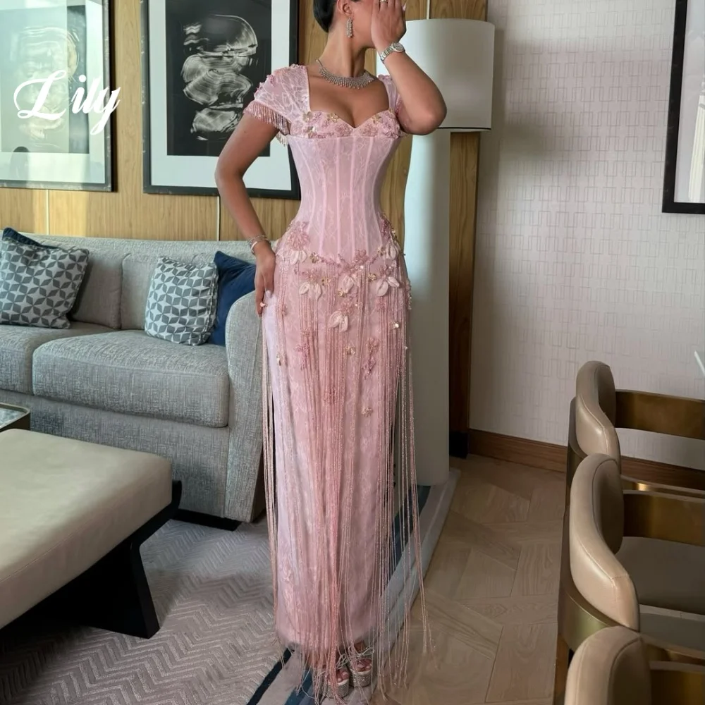 Lily Pink Lace Corset Mermaid Prom Dress 3D Flower Beading Evening Dress Long Fringe Tassel Floor Length Party Gown Customized