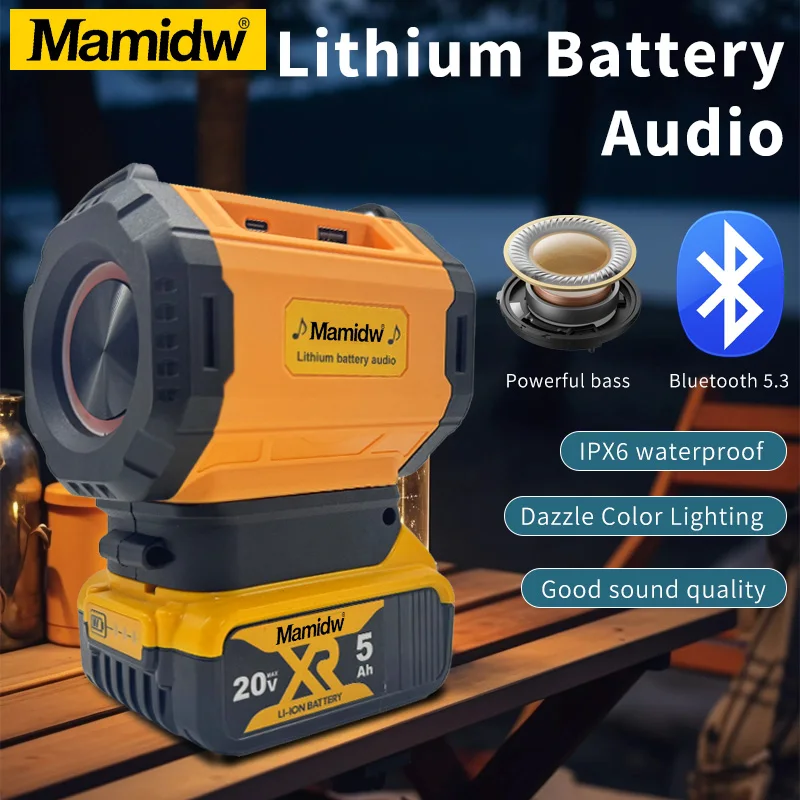 

Mamidw Portable Bluetooth Speaker USB Type-C Bluetooth Loudspeaker Jobsite Camping Party Speaker For Dewalt 20V Battery PIN