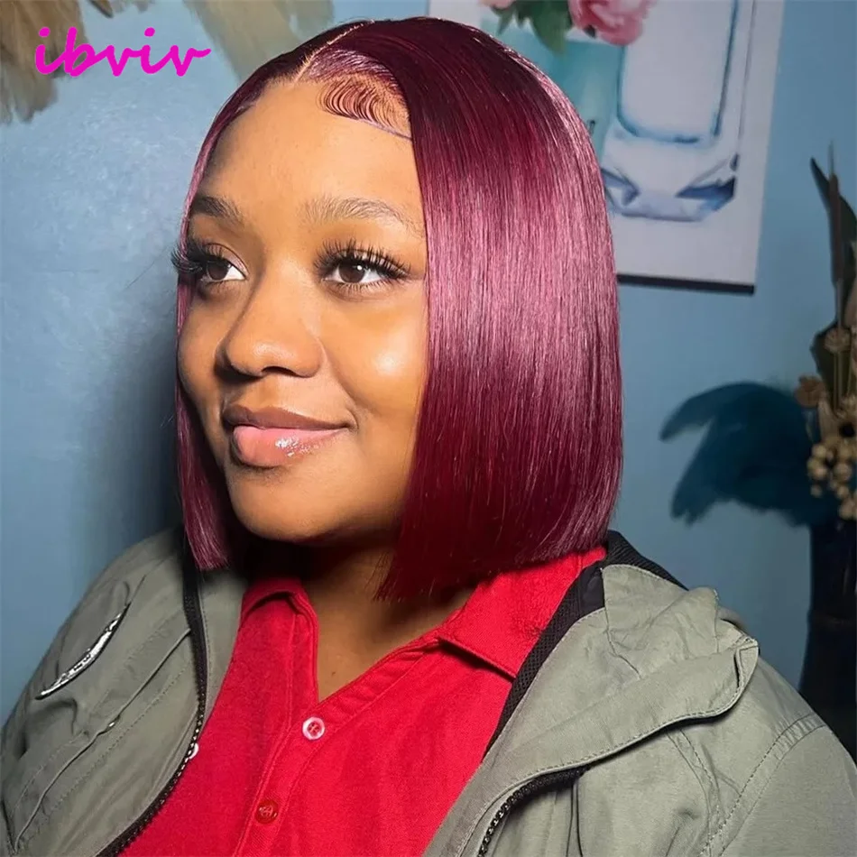 ベトナム産人毛100% 210密度ストレート99Jカラーバーガンディ13x4ボブウィッグ人毛レースフロントウィッグ