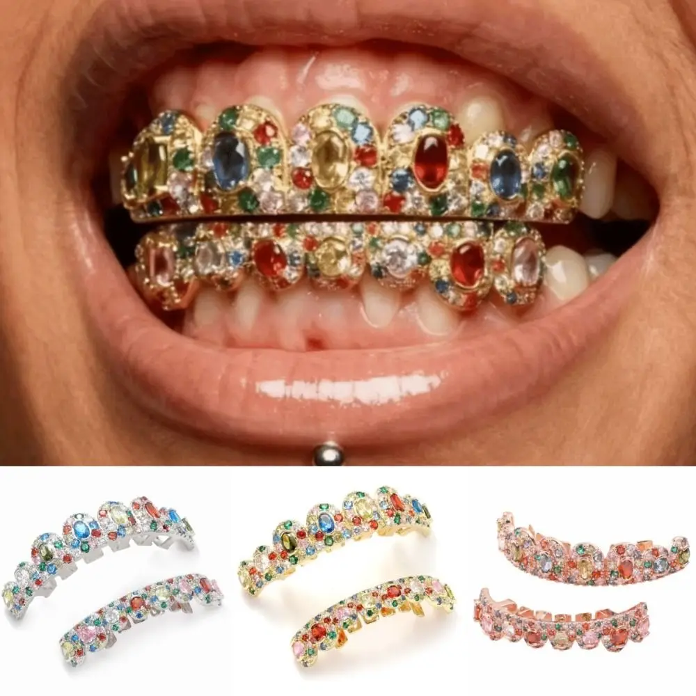 1Pc/set Rainbow Teeth Grillz Top Bottom Set Hiphop Candy Color Teeth Grillz Caps Shiny Eco-friendly Copper Teeth Jewelry Cosplay