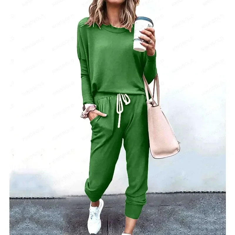 مجموعة سراويل ركاب فضفاضة بأكمام طويلة للنساء ، مجموعة العطلات الترفيهية ، أحادية اللون بسيطة وكتلة ألوان ، مقاس كبير ، الخريف #2