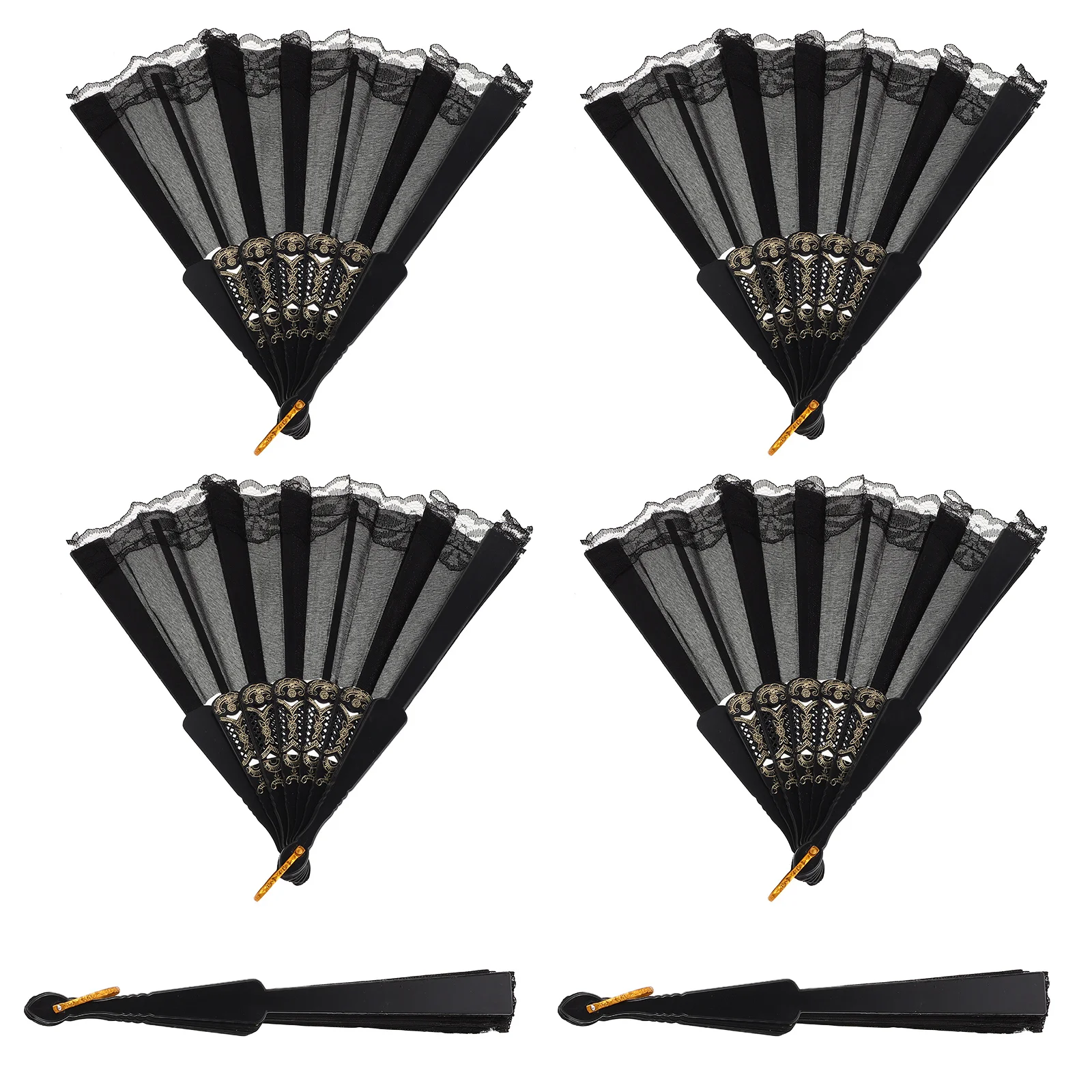 

6pcs Black Lolita Lace Folding Fan Vintage Chinese Style Handheld For Women Hanfu Dance Costume Street Photography Props