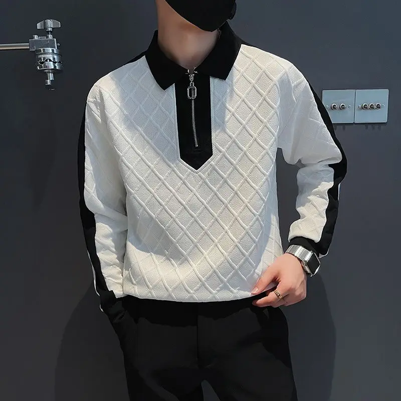 Autumn Winter New Fashion Solid Color POLO Collar Shirts Men's Clothing Contrast Color Zipper Chaopai Korean Youth Loose Tops