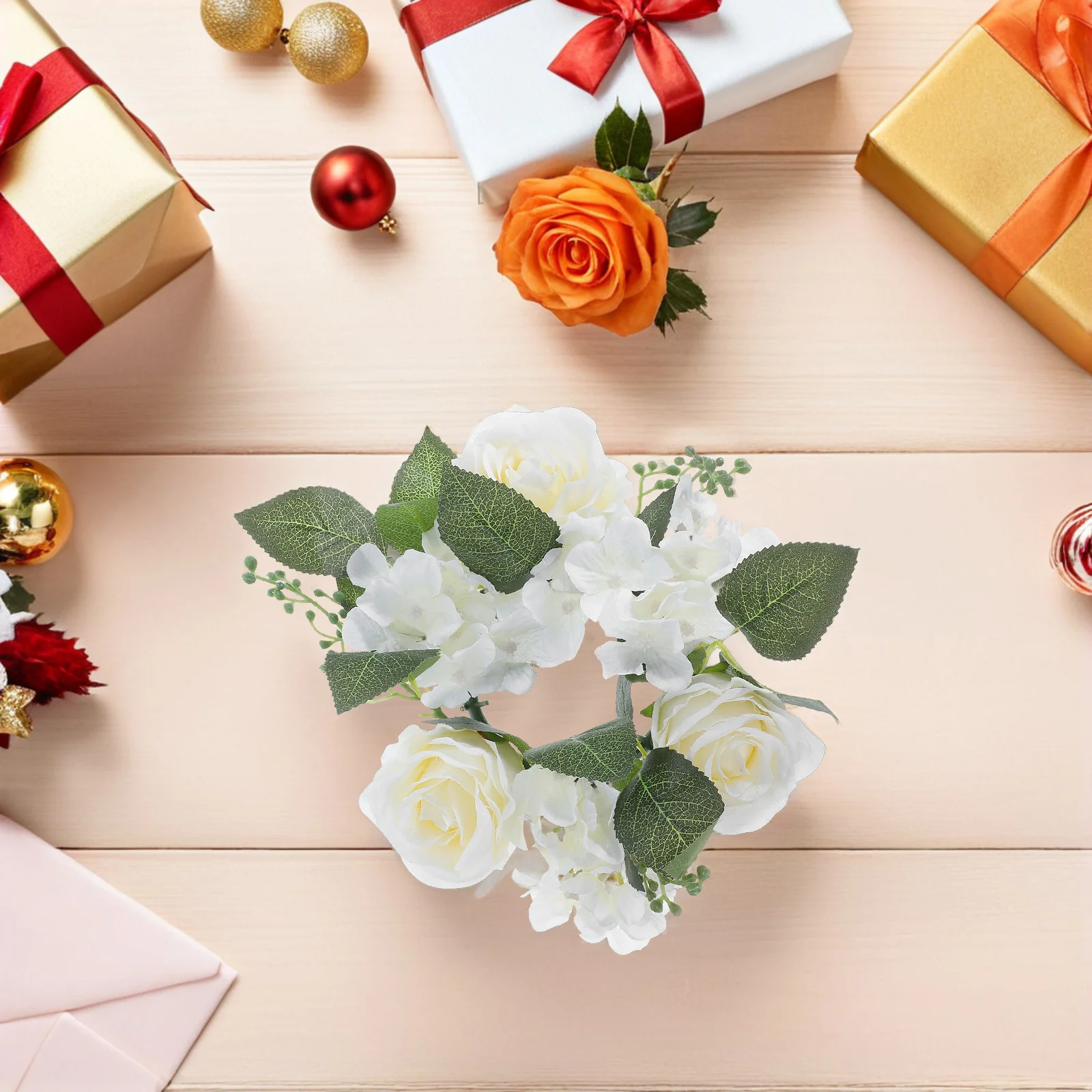 4 قطعة 3.94 ''الأبيض بوكيه ورد صناعي جارلاند خواتم ل عمود الشموع حفل زفاف ديكور للطاولات المنزل الجمالية الأزهار