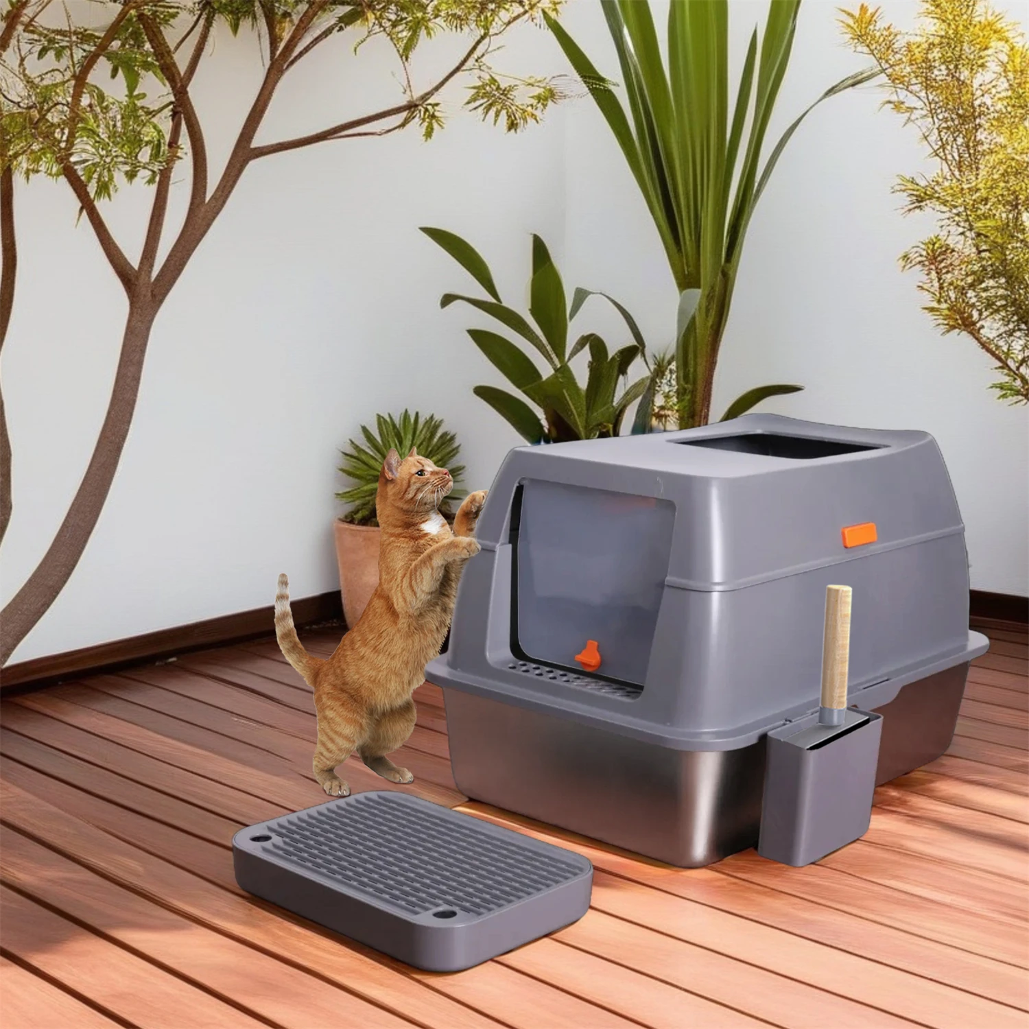 Enclosed Stainless Steel Cat Litter Box with Lid Extra Large for Big Cats Kitty Metal Litter Pan Tray High Wall Sides