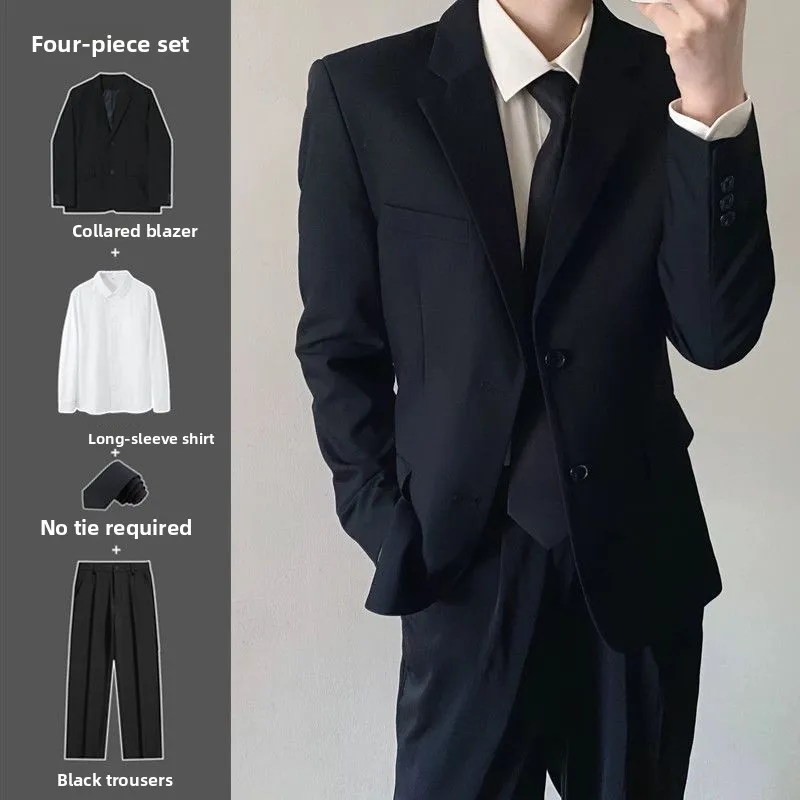 Black Tailored Men's Suit Wedding Groomsmen Youth Business Formal Korean Style Jacket And Pants Set for Gentlemen
