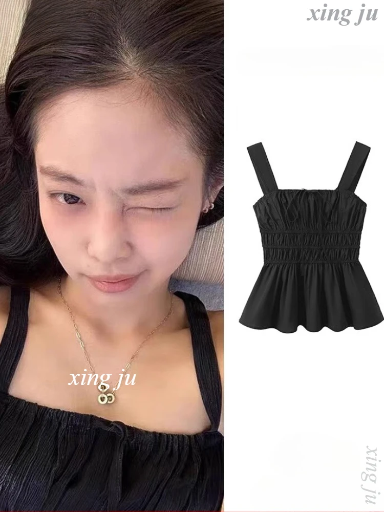 

Уличный сексуальный черный жилет на бретельках, тонкие короткие топы Kpop, певица, дженни, одежда, костюм для джазового танца, женская одежда для концертной сцены