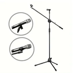 Tripod Microphone Stand Boom Mic Stand with 2 Mic Clip Holder Collapsible Adjustable Mic Bracket