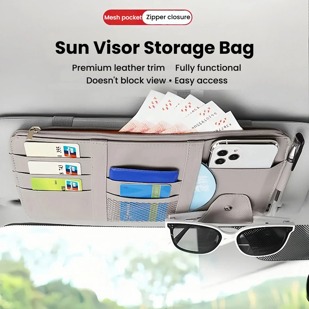

Car Storage Bag Multifunctional Business Leather Sunshade Cover Card Holder Drivers License Document Storage Sunglasses Clip