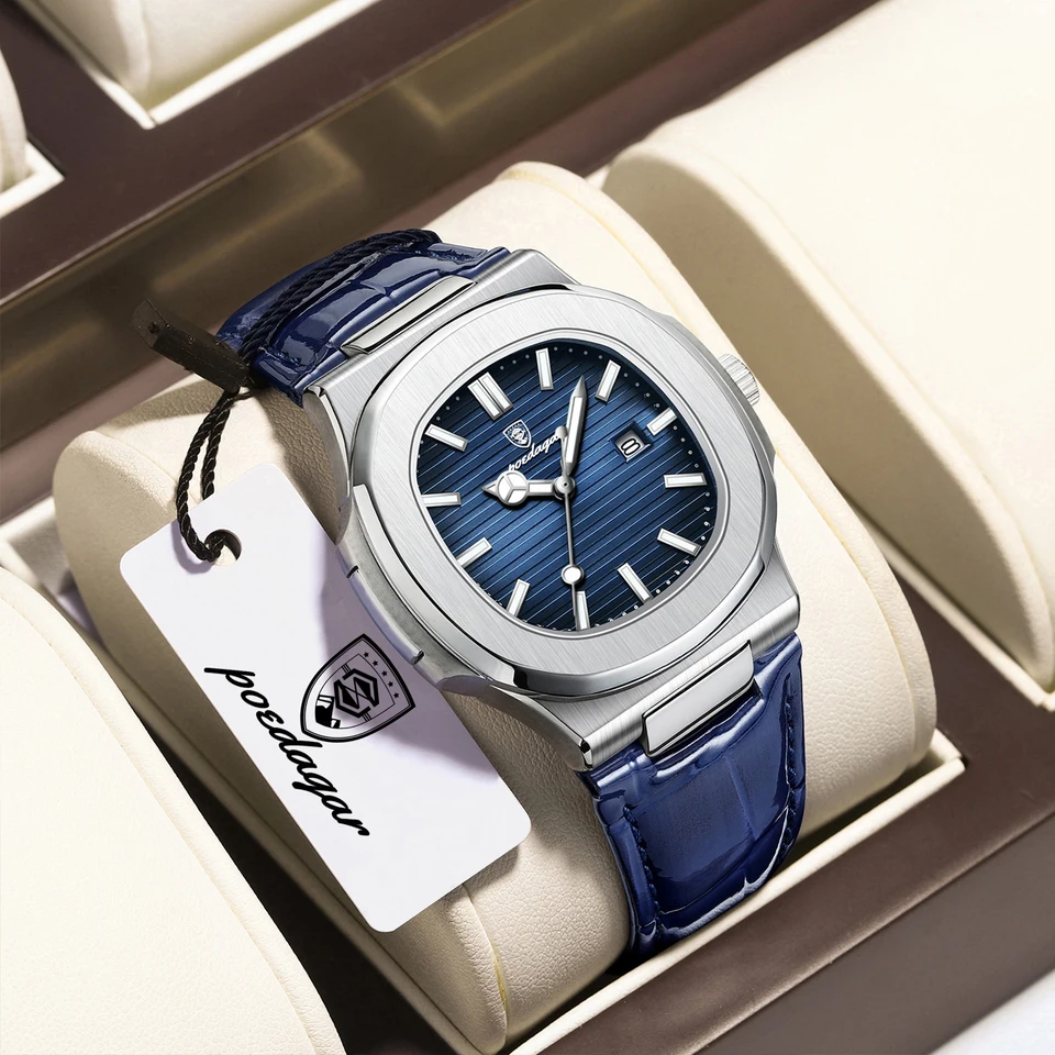 Reloj POEDAGAR cuadrado de lujo para hombre, fecha, resistente al agua, luminoso, cuero de alta calidad, con caja 3