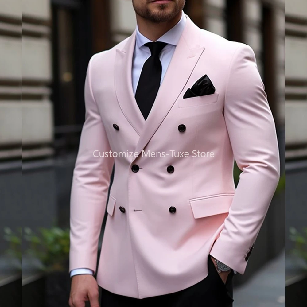 

Pink Blazer Black Pants 2 Piece Casual Prom Party Full Sets Peak Lapel Custom Made Elegant Men's Suits