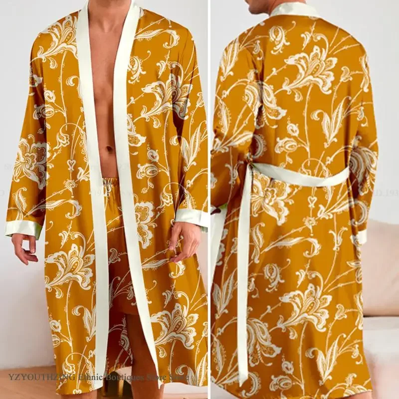 

Male Long Robe Pajamas Set Print Flower Kimono Bathrobe Gown Spring Summer Home Clothing Sleepwear Loose Casual Satin Loungewear