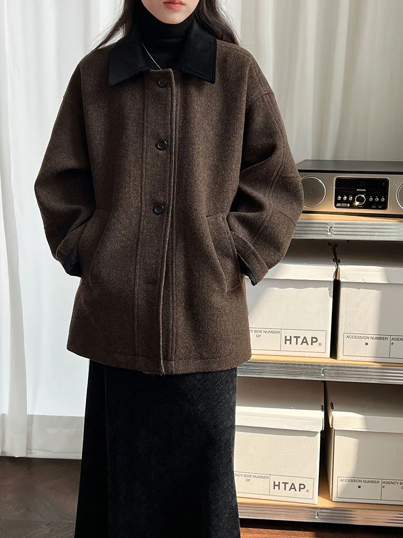 LIMO 2025 Autumn Winter Vintage Color Block Wool Blend Coat Women's Fashion Outdoor Travel Warm Trench Coat