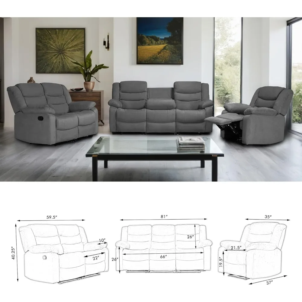 Recliner Sofa Set, Microfiber Manual Reclining Couch Set, Dropdown Table& Cup Holders, Living Room/Office/Theater Seating