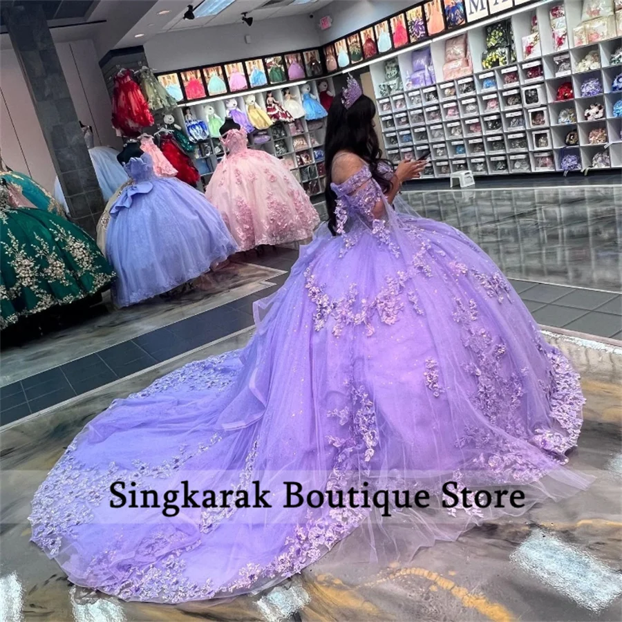 Lavender Princess Quinceanera Dress Flowers Ball Gown Crystals Flowers Beads Tull Sweet 16 Vestidos 15th Birthday Customized