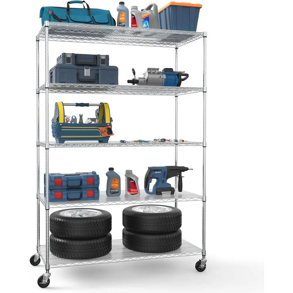 

5-Shelf Heavy-Duty Wire Shelving, 24x48x82, 6000lbs Capacity, Chrome Finish, with Wheels & Levelers, Suitable for Garage, Kitche