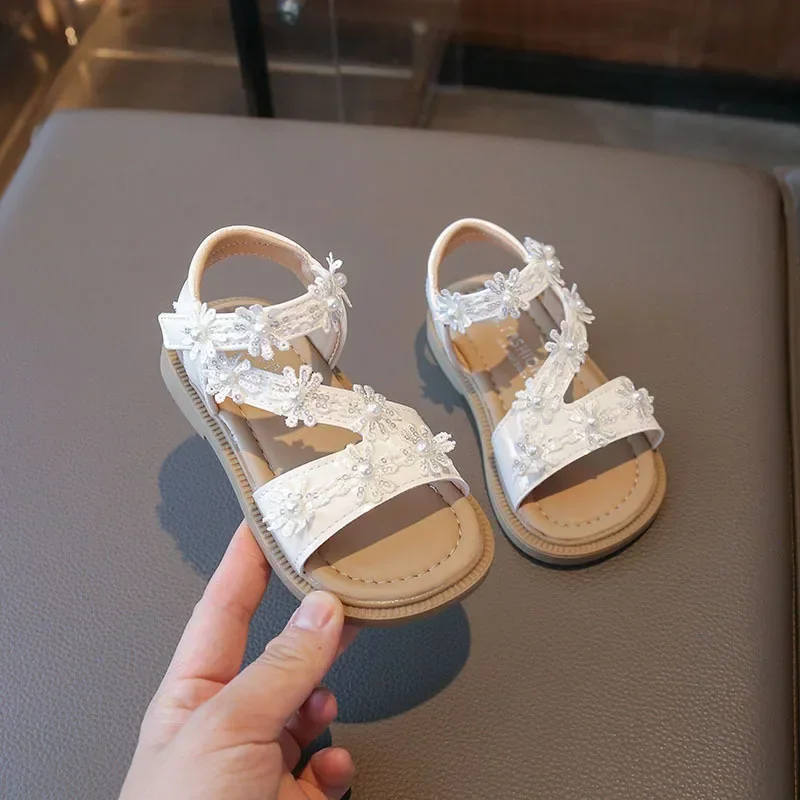 

Sweet Girls Wedding Party Sandals Summer New Open-toe Kids Princess Shoes Fashion Sequins Flower Children's Causal Flat Sandals