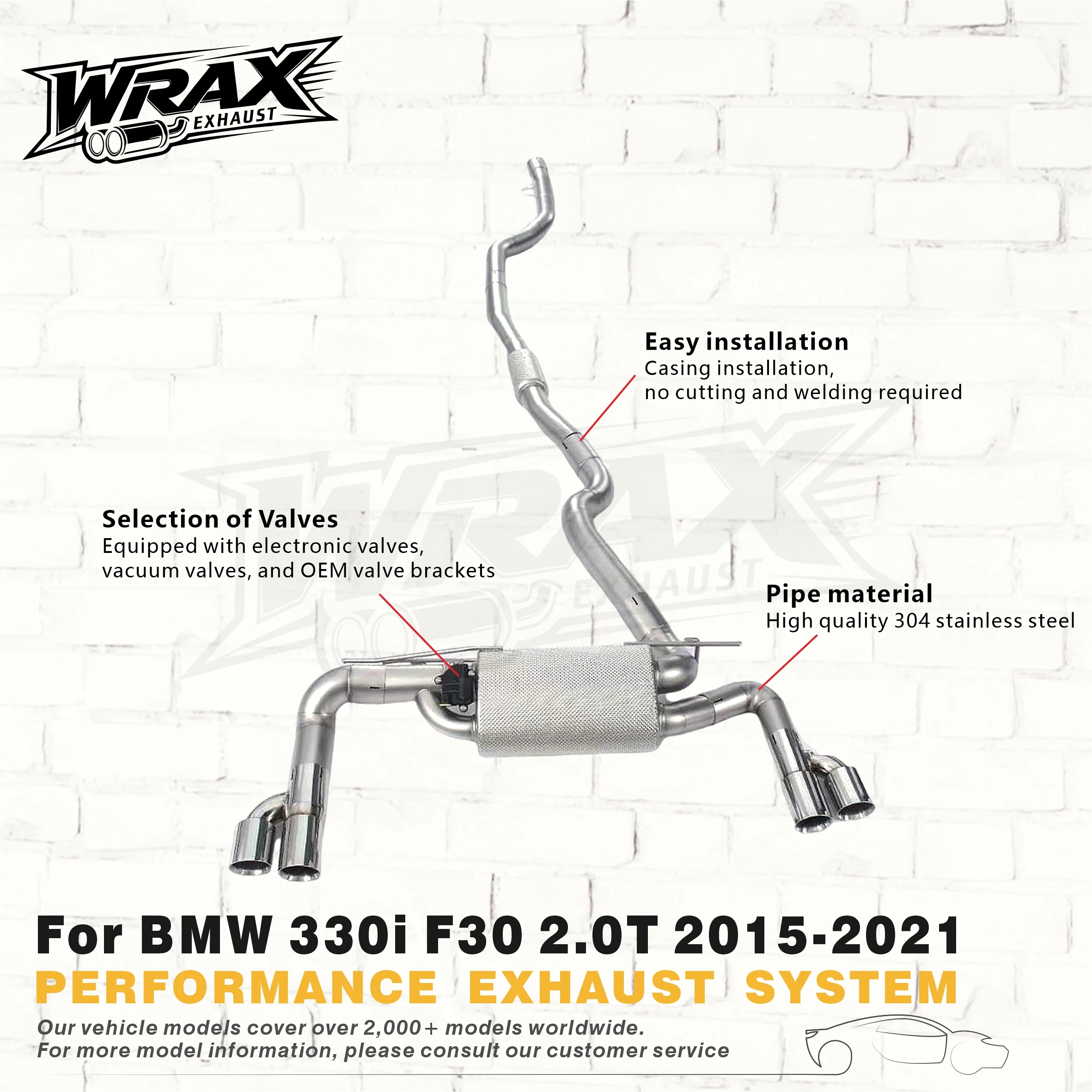 

WRAX SS304 Catback Exhaust Modification Accessory for BMW 330i F30 2.0T 2015-2021 with Electronic Valve Smooth Premium Tone