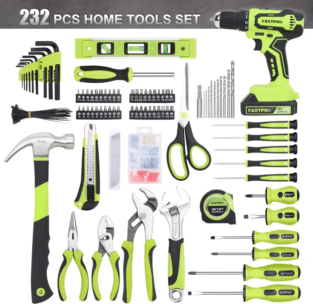 Kit d'Outils Ménagers de Réparation, avec Rangement à Ouverture Large de 12 Pouces, Vert, Adapté à un Usage Domestique, 232 Pièces