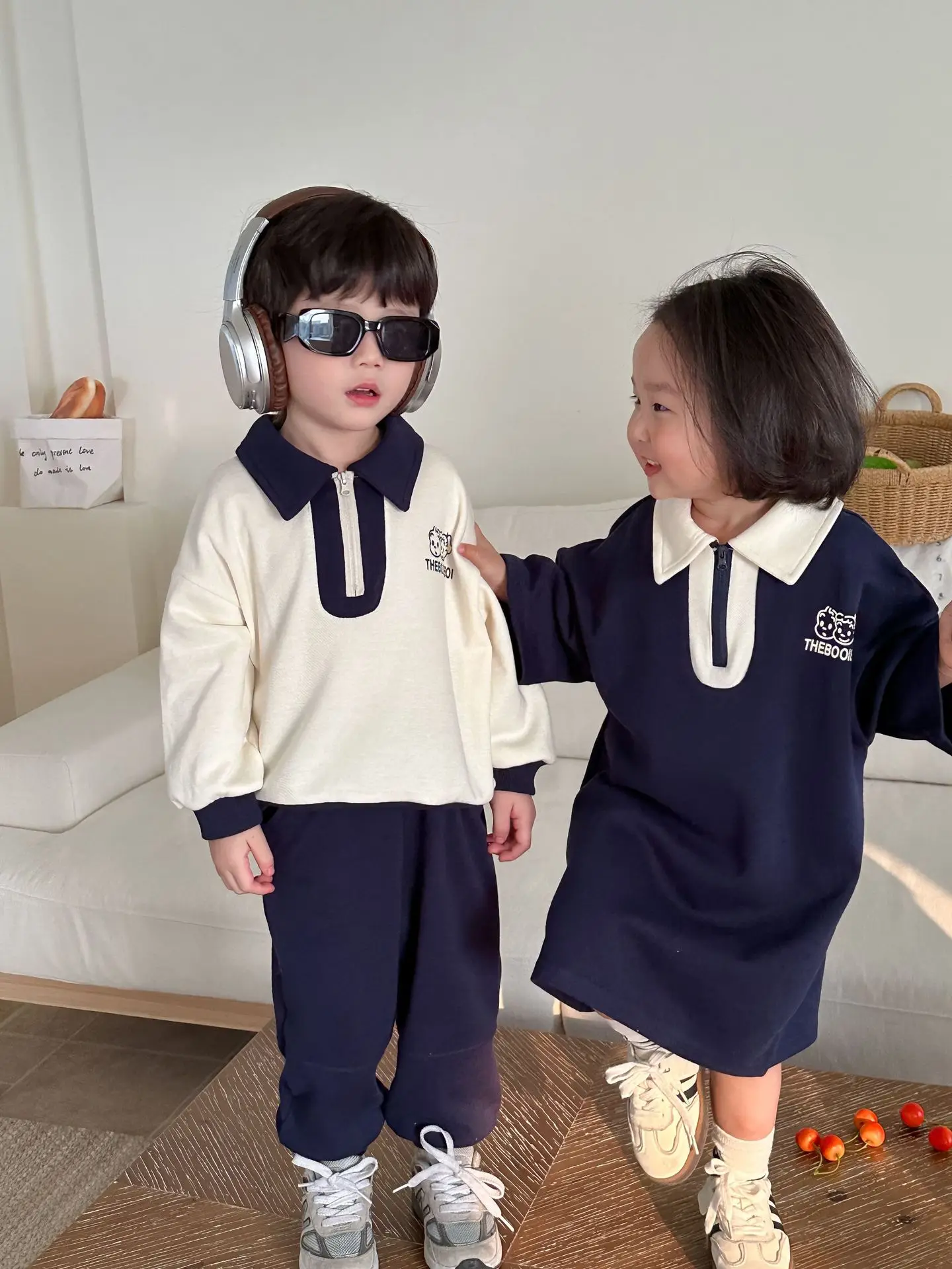 2024 Spring Brother Sister Outfits Boy Children Long Sleeves Lapel Sweatshirt Suit Loose Girl Baby Cotton Dress Kids Tracksuit