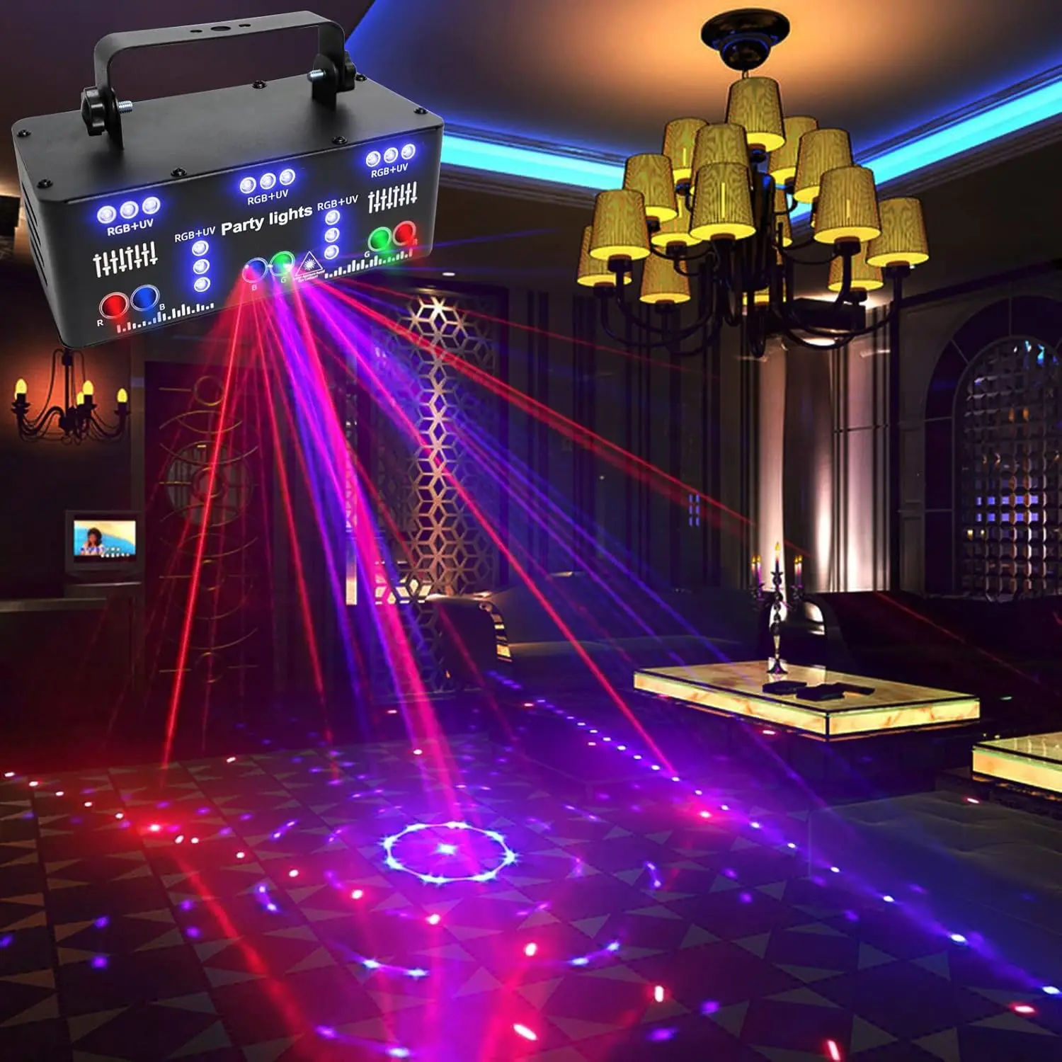 

9 Eyes DJ Disco Light, RGB Party Stage Lights with Remote and DMX512 Control, Sound Activated LED Pattern Strobe for Live Shows
