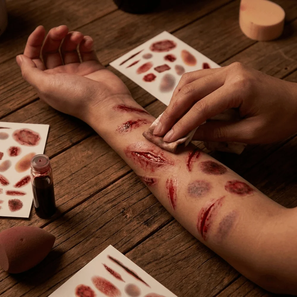 4Sheets Waterproof Halloween Temporary Tattoos Lasting Simulated Scar Wound Bruising Tattoo Decals Portable Realistic