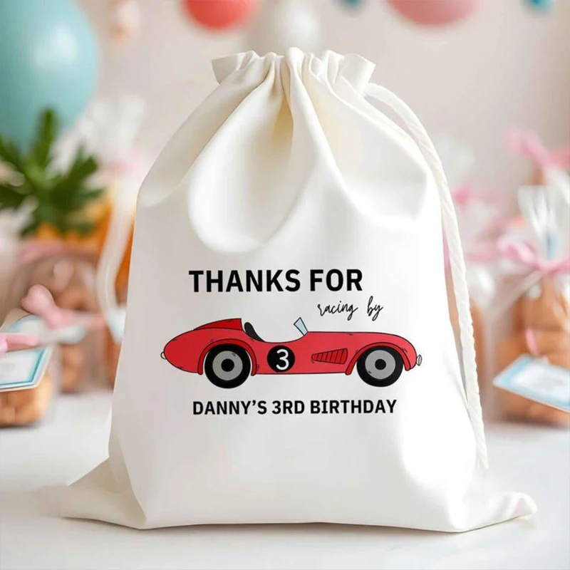 Personalisierte Rennwagen-Geschenktüten mit Kordelzug, Kindergeburtstag, Rennwagen-Thema, Willkommen, Dankeschön, Geschenk für Kinder, Party, Dekoration – Detail 4