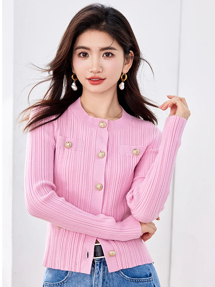 High Quality Fashion Women Long Sleeve Single-breasted Pink Knitted Cardigans Retro Elegant Ladies Golden Button Slim Short Tops