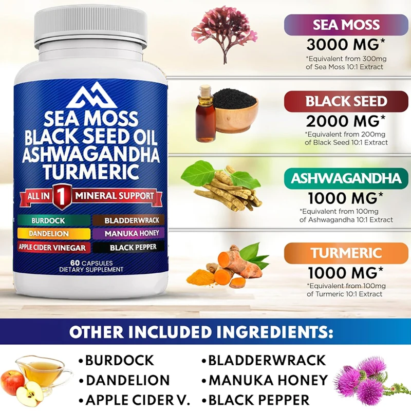 Silicon dioxide seaweed black seed oil South African drunken eggplant turmeric burdock black pepper supportmetabolism 60capsules