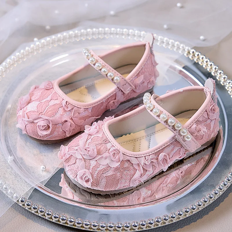 

2025 New Girls Fashion Shoes Round Toes Soft sweet Girls Princess Shoes Mesh Lace Flowers Kids Flat Shoes Non-slip Breathable