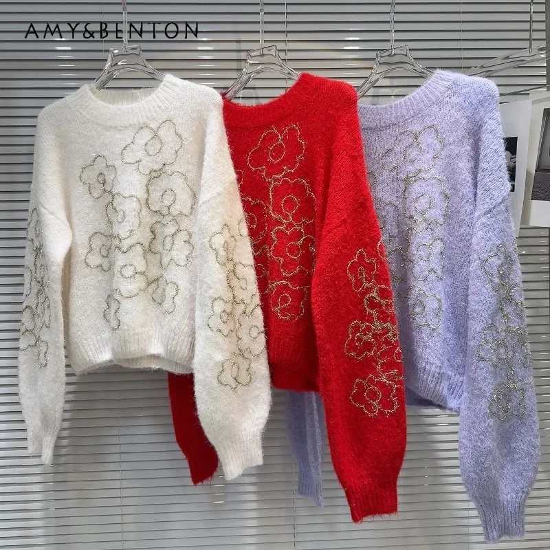 

2024 Winter New Sweet Gold Silk Flower Solid Color Age-reducing Jumpers Wool Knitted Sweater Long Sleeves Red Color Pullovers