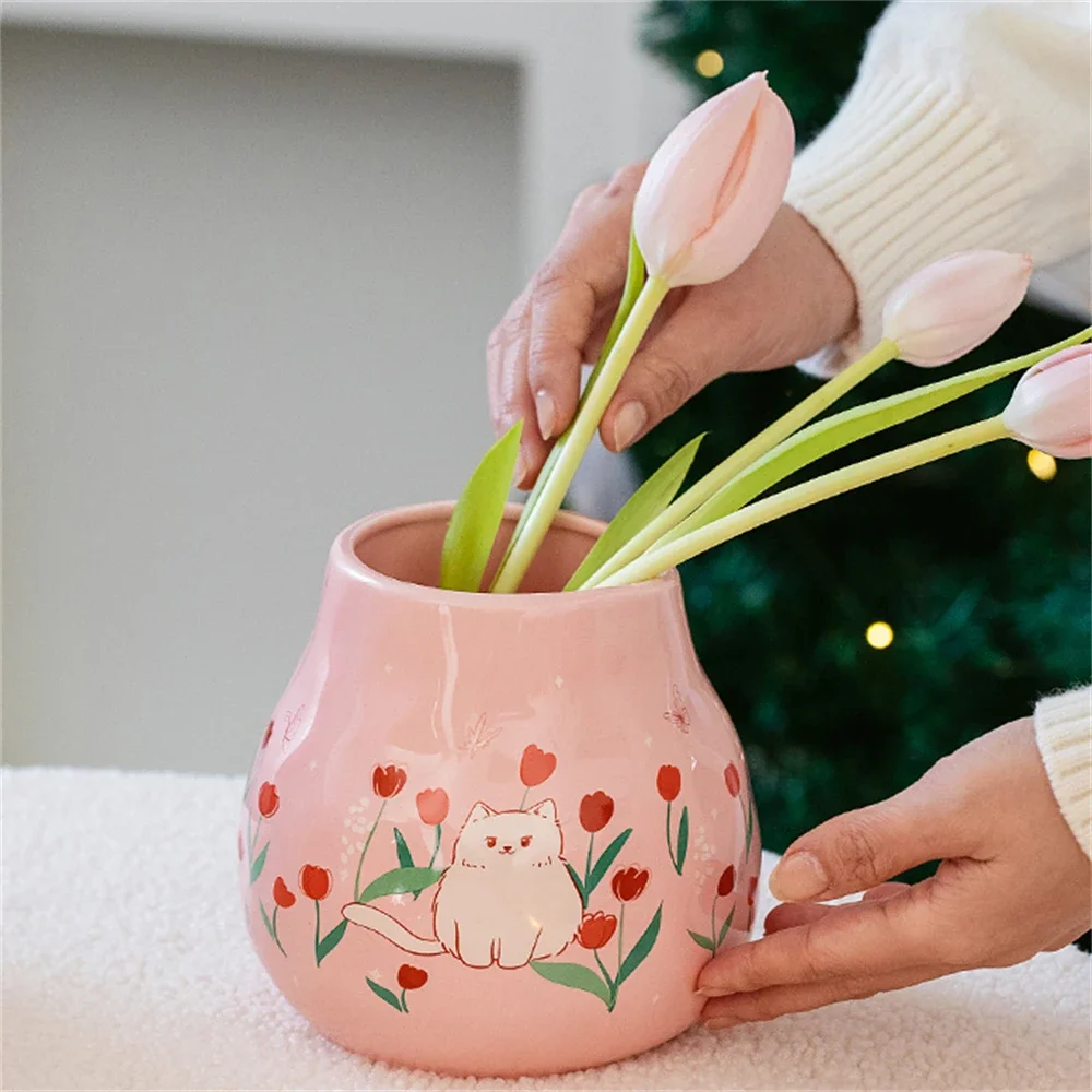 Creative Vase Entrance With Dried Flowers Water Nourishing Fresh Flowers Cartoon Cat Tulip Print Living Room Decoration Vase