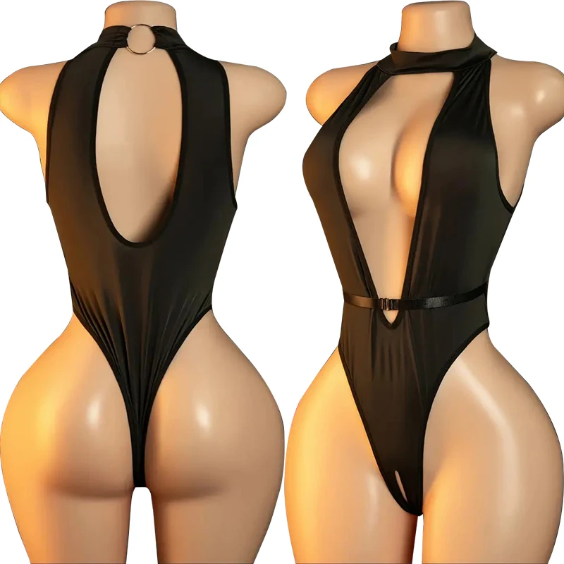  Open Bra Baby Dolls Dress  Crotchless Lingerie Women Exotic Apparels Deep V Hollow Hanging Neck Babydolls Bodysuits