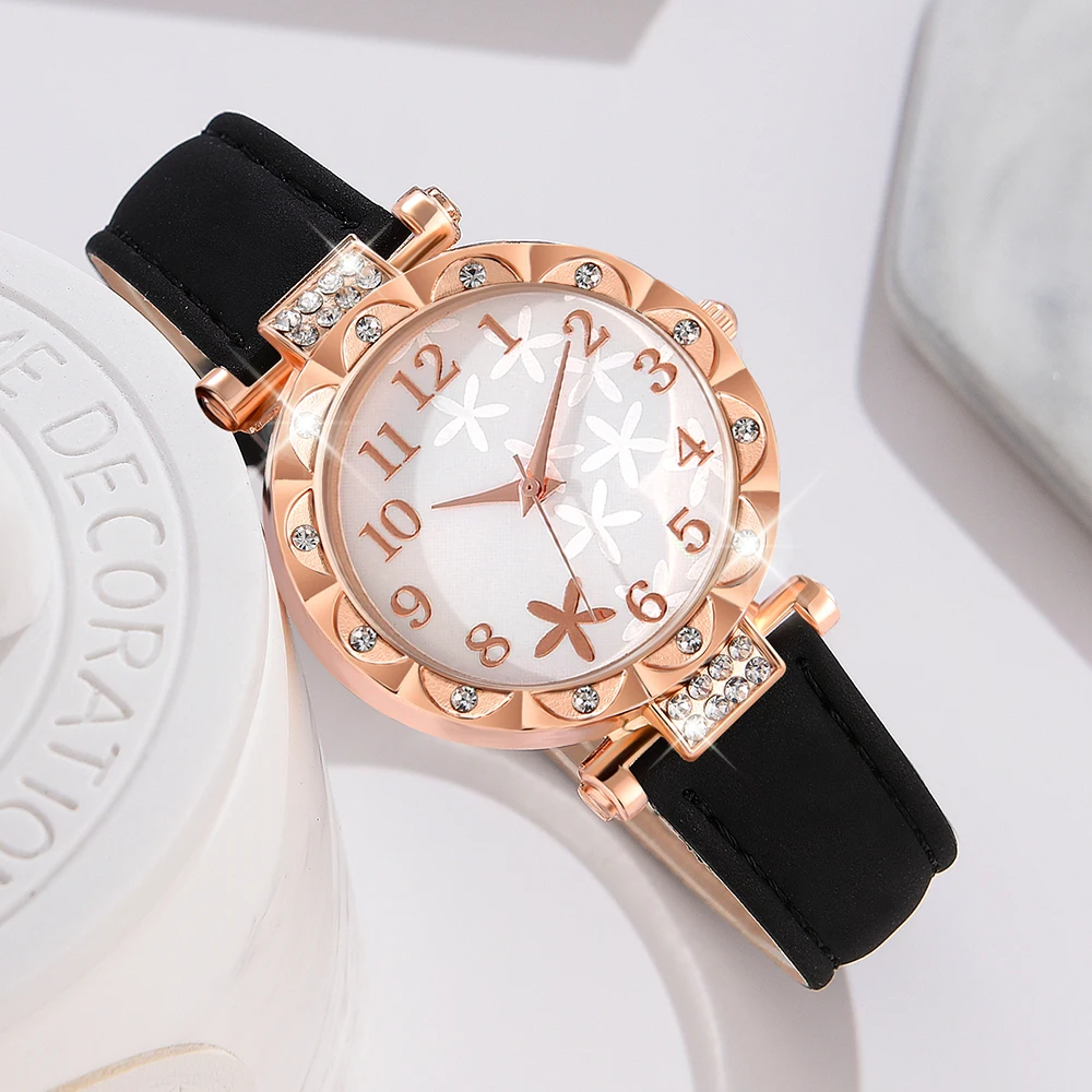 1PCS Simple Luxury Flower Element Leather Strap Watch Black Casual Fashion Quartz Watch Is The Perfect Gift For Her (No Box)