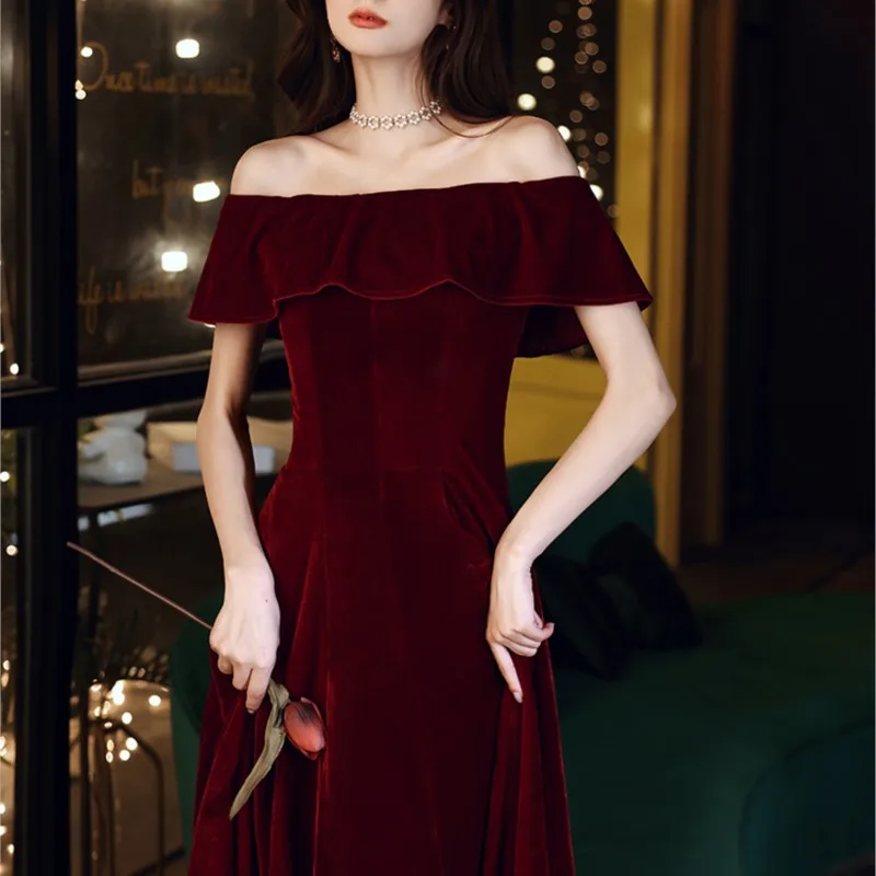 

One line shoulder wine red velvet toast new fashion appreciation dinner slim-fit long skirt