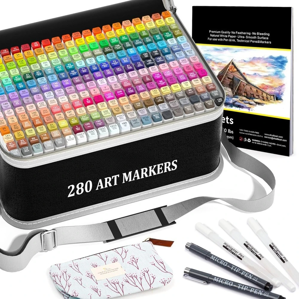 أقلام تحديد فنية مشهورة بوزن 280 لونًا ذات طرف مزدوج، 279 لونًا قلم تحديد دائم بالإضافة إلى خلاط عديم اللون، أقلام ذات طرف صغير - جديد #1