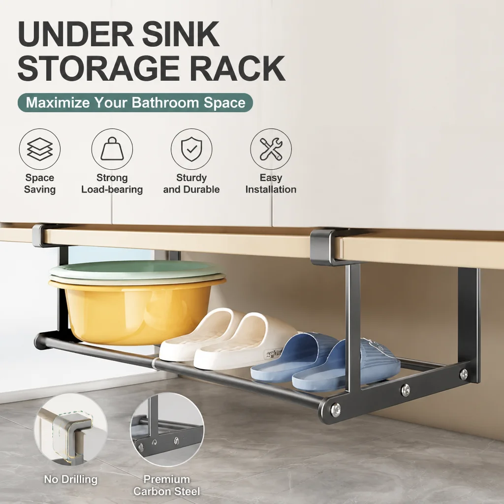 Under Sink Basin Storage Rack, Layered Bathroom Organizer Shelf, Hanging Space-Saving Holder for Washbasin and Shoes