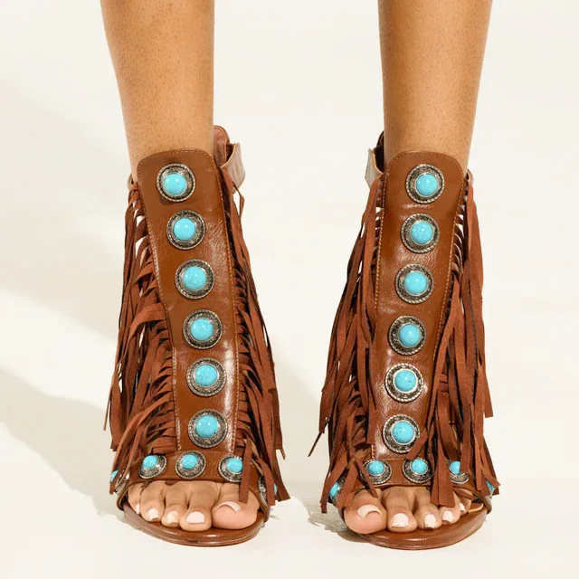 

New Leather Fringe High Heel Sandals Turquoise Stone Decor OpenToe Stiletto Heel Shoes Cutout Party Unique Strappy Shoes