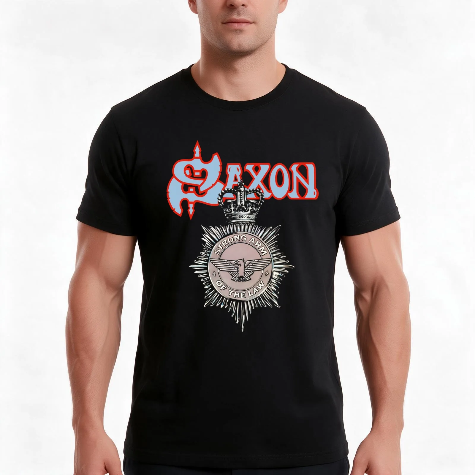 SAXON strong arm of the law T-Shirt, Summer Casual Cotton Tee, Oversized Streetwear Tops, Vintage Graphic Print, 100% Cotton