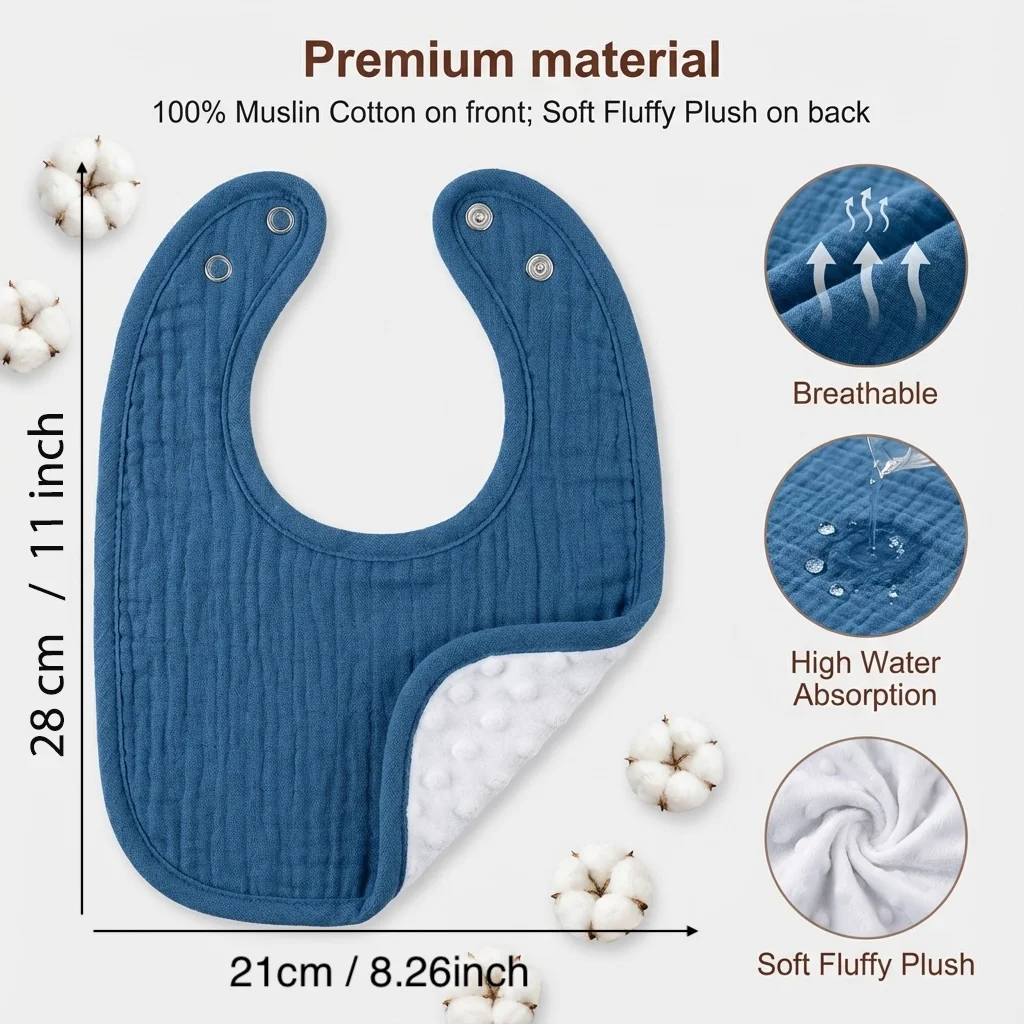 10 Pack Baby Muslin Drool Bibs - 2-Layer Cotton Gauze with Soft Crystal Minky Dot Backing, U-Shaped Ultra Absorbent Pockets,