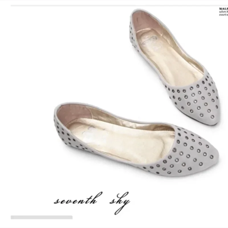 Lady Rivets Sequined Plus Size Shoes Women Flats Closed Toe Cover Heels Slip-on Breathable Ballerina Loafers Summer Fashion Grey