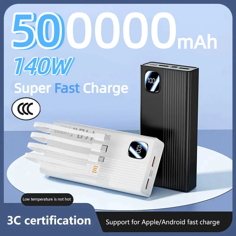 140W 500000mAh Power Bank Large Capacity 4 In1 Cables Intelligent Digital Display Light Portable Powerbank For iPhone Huawei New