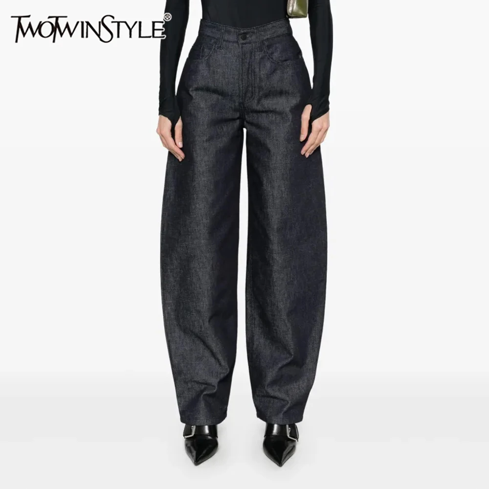 

TWOTWINSTYLE однотонные свободные повседневные джинсы на шнуровке для женщин с высокой талией и лоскутными карманами, темпераментные джинсы, женская мода, новинка
