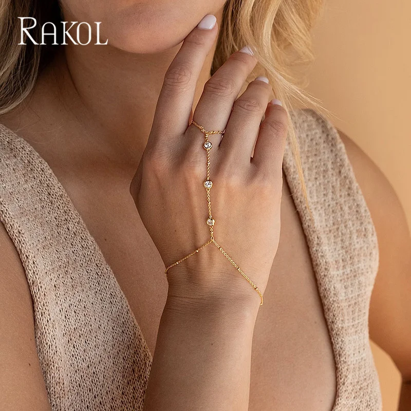 

RAKOL Fashion Gold Plated Bracelets For Women Exquisite Luxury Zircon Crystal Hand Chain Finger Bracelet Party Jewelry Gift